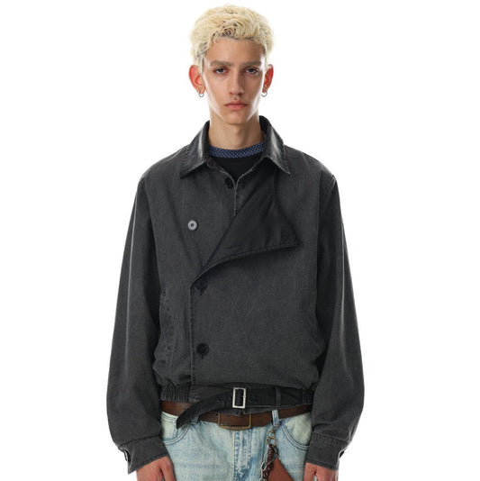 Washed Asymmetric Button Contrast Lapel Jacket WN27854