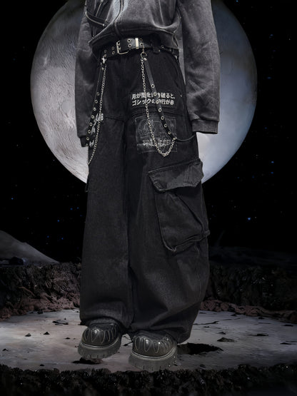 Patch Logo Cargo Wide Leg Denim Jeans & Skull Belt & Belt Chain WN23800