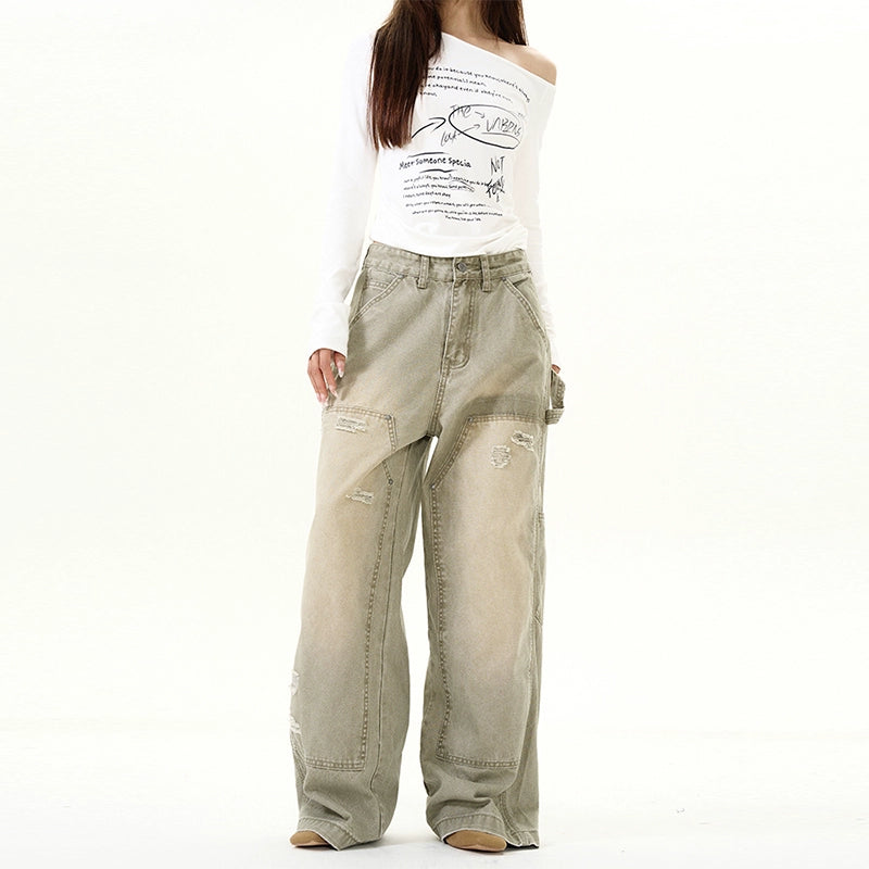 Damage Wide-Leg Straight Pants WN9490