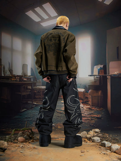 Embroidery Corduroy PU Leather-Collar Jacket WN21351