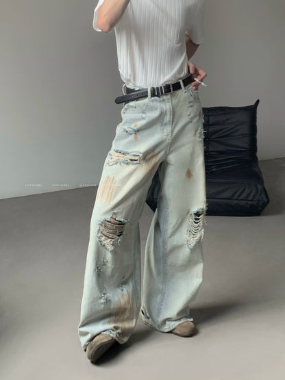 Washed Paint Damage High Waist Wide Leg Denim Jeans WN20088