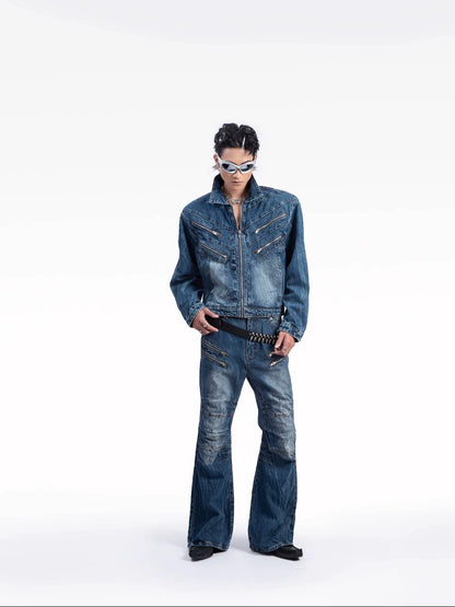 Gradient Washed Shoulder Pad Denim Jacket & Flare Denim Jeans Setup WN9214