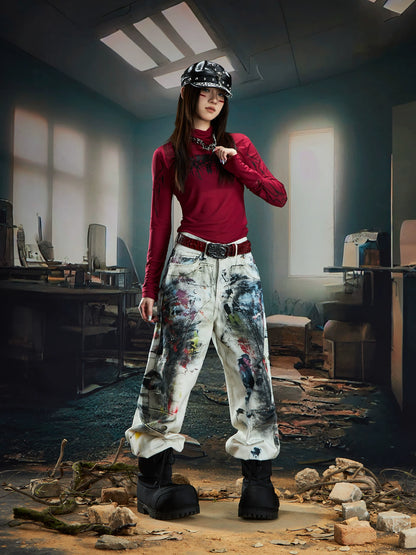 Rock Graffiti 3D Print Wide Leg Denim Jeans WN20556