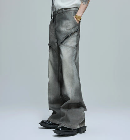 Washed Shoulder-Pad Denim Jacket & Zipper Flare Denim Jeans Setup WN21760