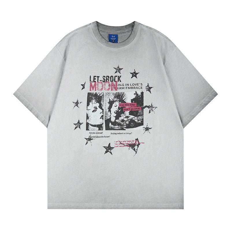 Washed Portrait Letter Print Short Sleeve T-Shirt WN25399