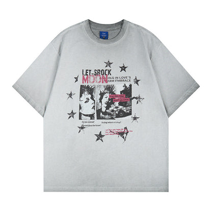 Washed Portrait Letter Print Short Sleeve T-Shirt WN25399
