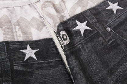 Star Damage Washed Wide Leg Denim Jeans WN25519