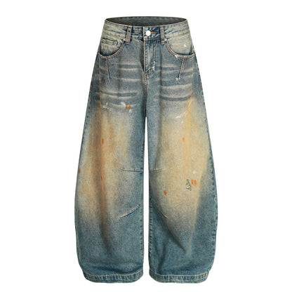 Dirty Washed Curved Wide Leg Denim Jeans WN25914