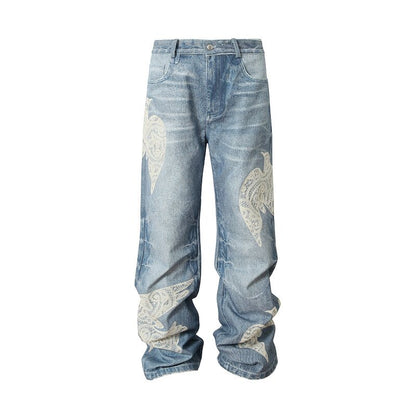 Wing Embroidery Wide Leg Denim Jeans WN23216
