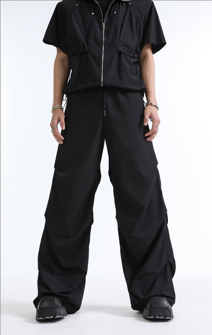 Shoulder Pad Zipper Short Sleeve Shirt & Wide-Leg Straight Pants Setup WN7335