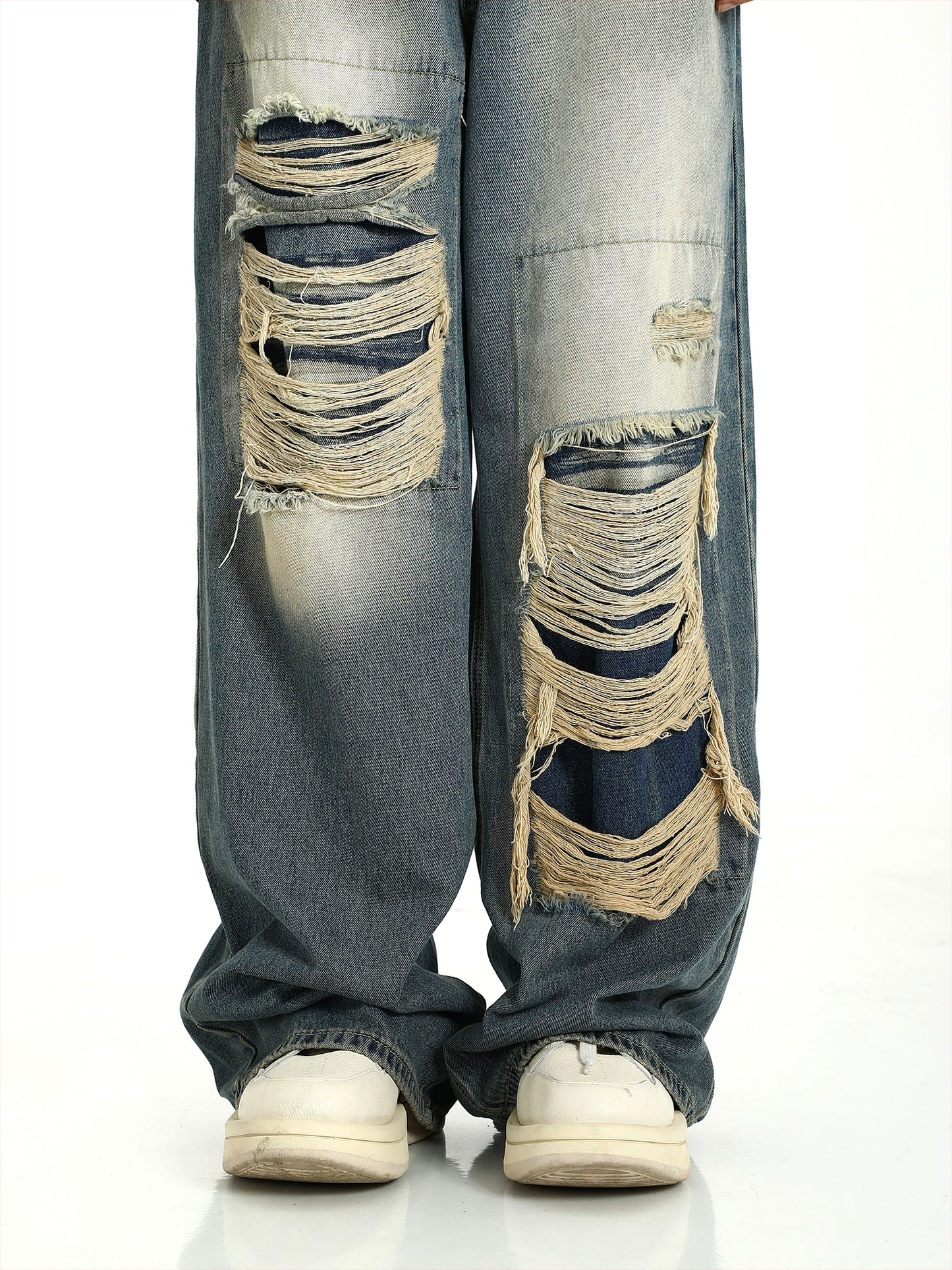 Wash Damaged Wide Leg Denim Jeans WN5740