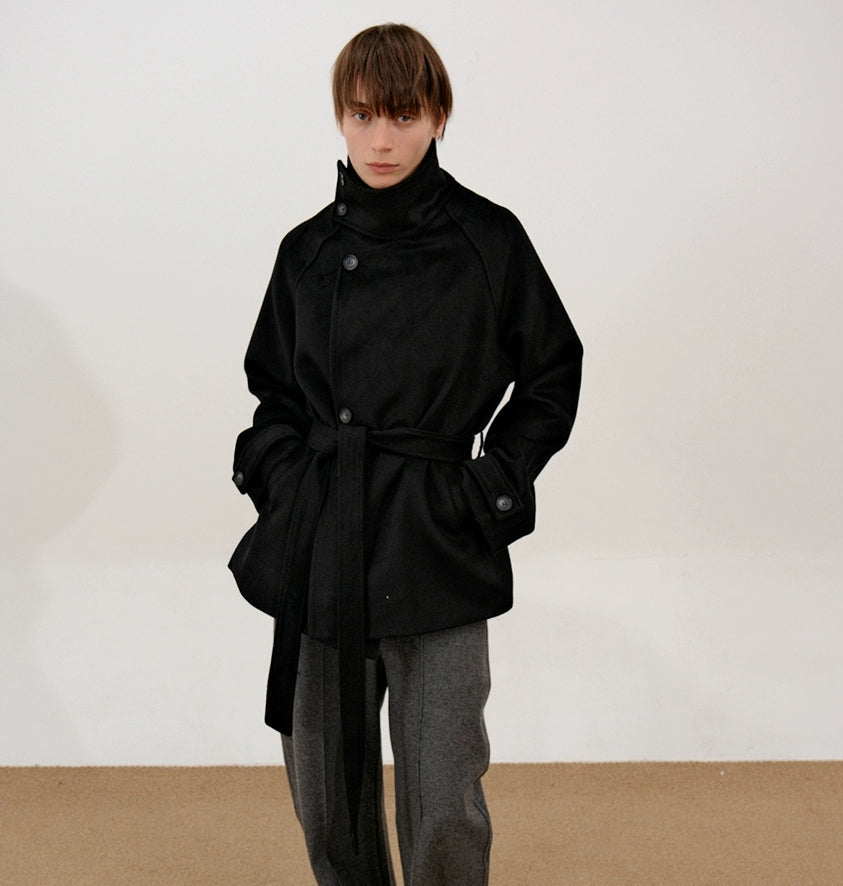 Wool Belted High-Neck Short Coat WN21501