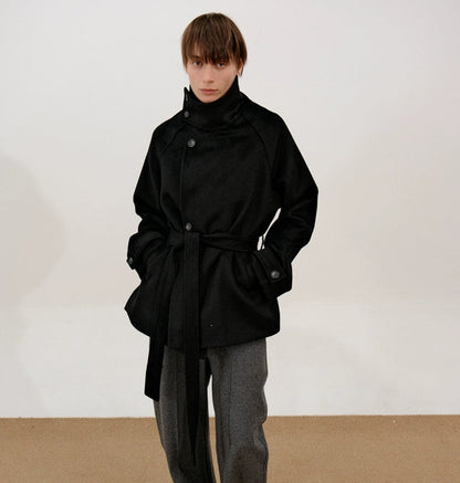 Wool Belted High-Neck Short Coat WN21501