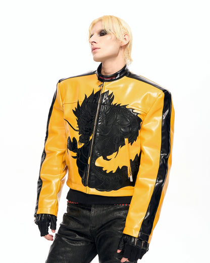 Dragon Embroidery Colorblock Stand Neck PU Leather Jacket WN22129