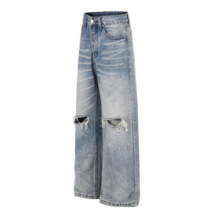 Washed Damage Whisker Wide Leg Denim Jeans WN26019