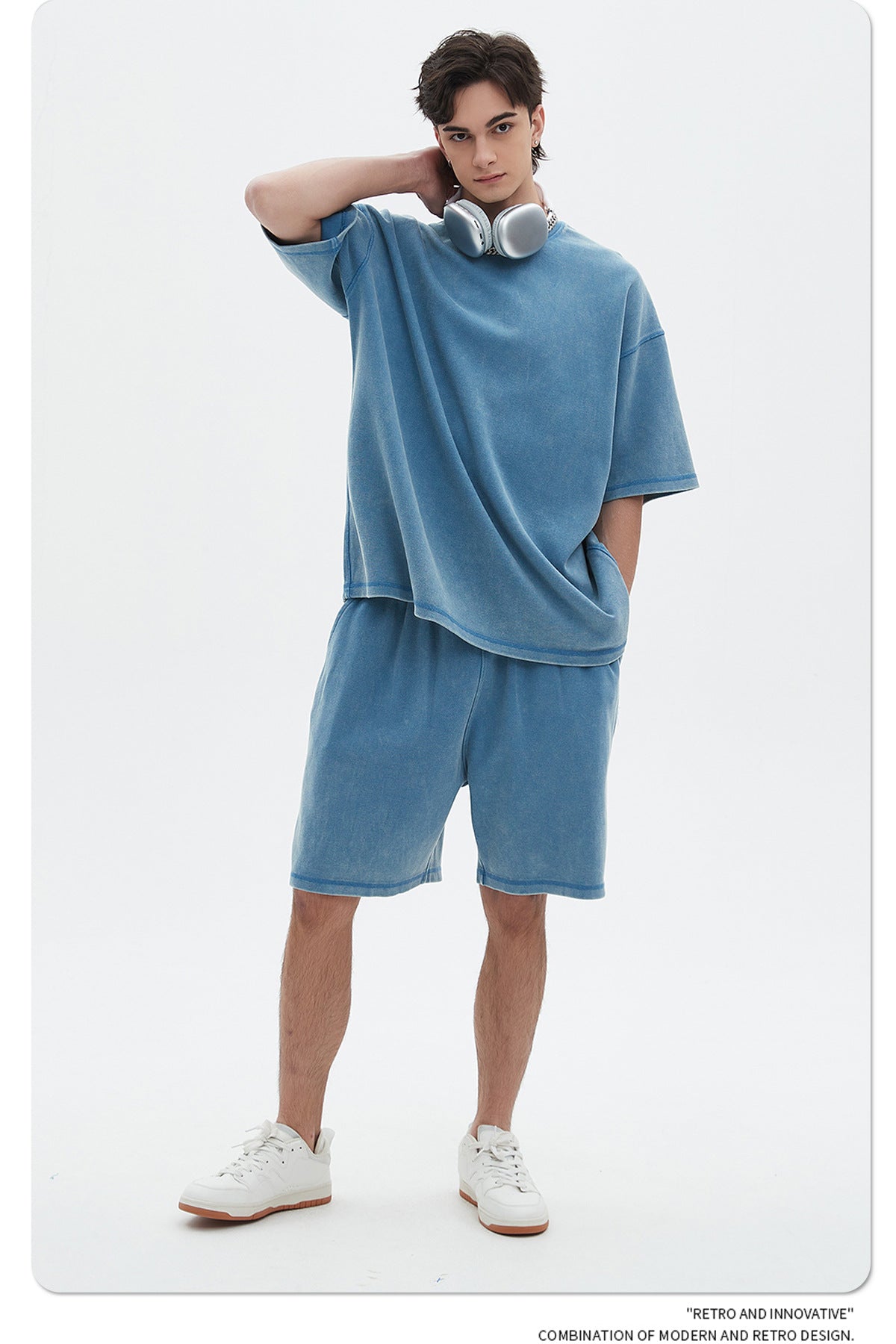 Oversize Washed Short-sleeve T-shirt & Washed Short Sweatpants Setup WN6612
