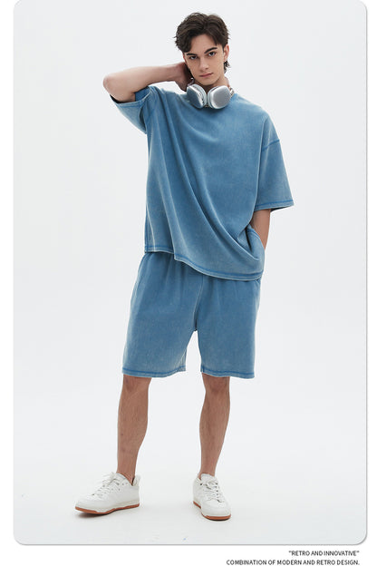 Oversize Washed Short-sleeve T-shirt & Washed Short Sweatpants Setup WN6612