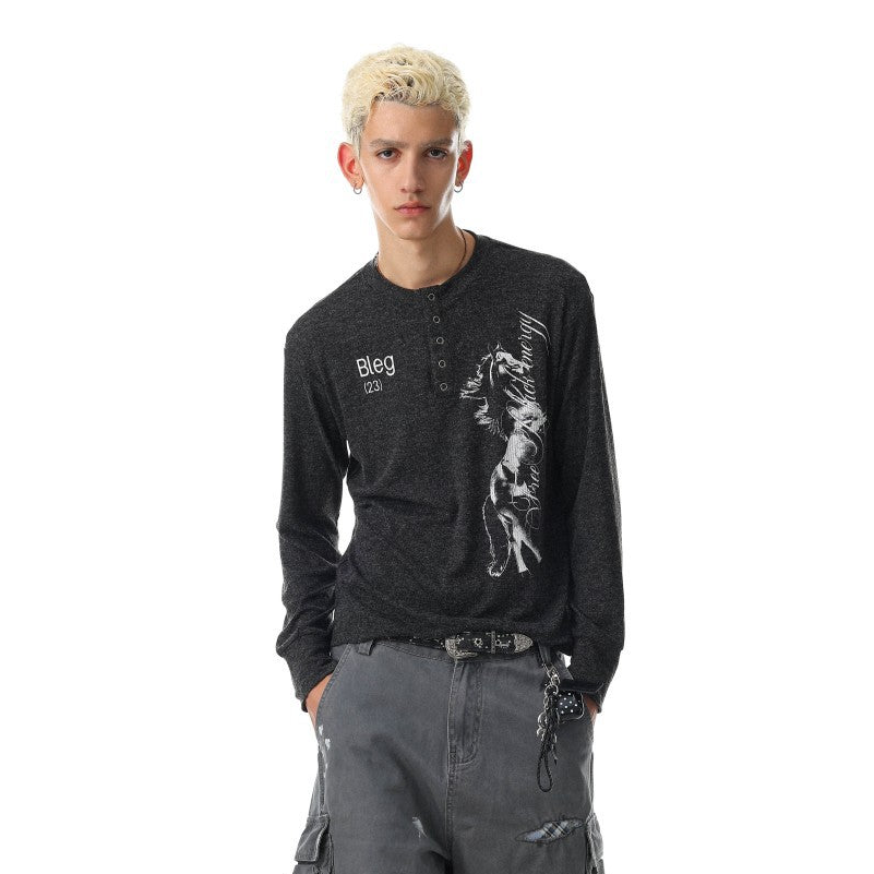 Henley Neck Letter Graphic Long Sleeve T-Shirt WN27965