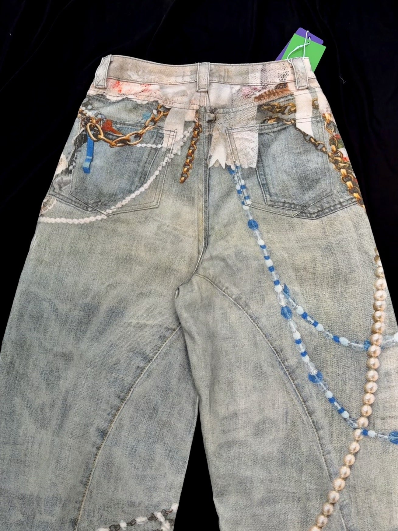 3D Print Washed Wide Leg Denim Jeans WN23038