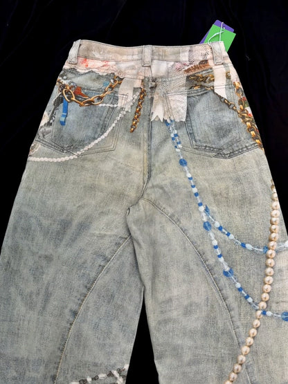 3D Print Washed Wide Leg Denim Jeans WN23038