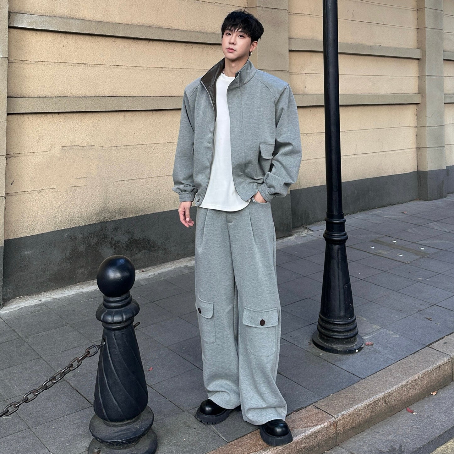 Air Layer Cotton Shoulder-pad PU Leather Patch Jacket & Air Layer Cotton Wide Leg Cargo Sweatpants Setup WN25244