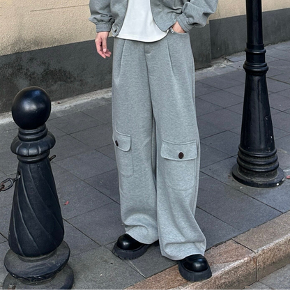 Air Layer Cotton Shoulder-pad PU Leather Patch Jacket & Air Layer Cotton Wide Leg Cargo Sweatpants Setup WN25244
