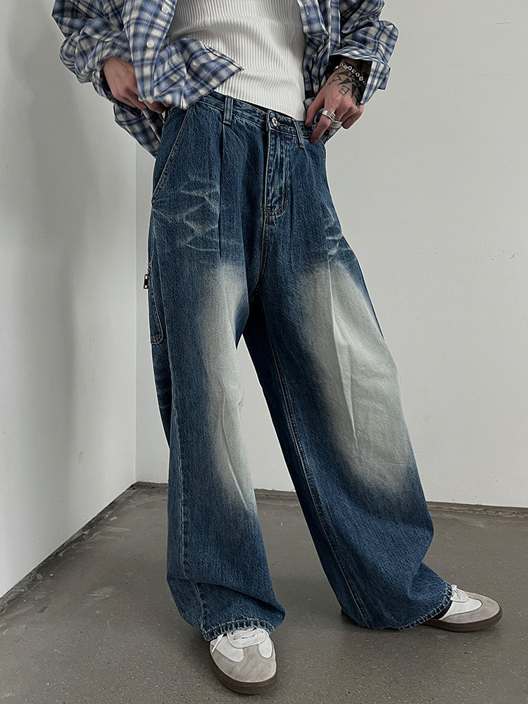 Washed Mid-High Waist Wide-Leg Straight Denim Jeans WN10775