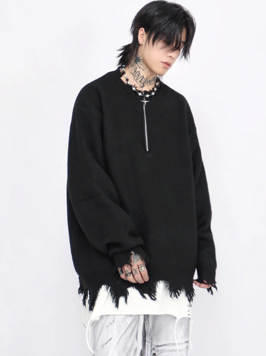 Half Zipper Oversize Damage Knit Sweater WN8718