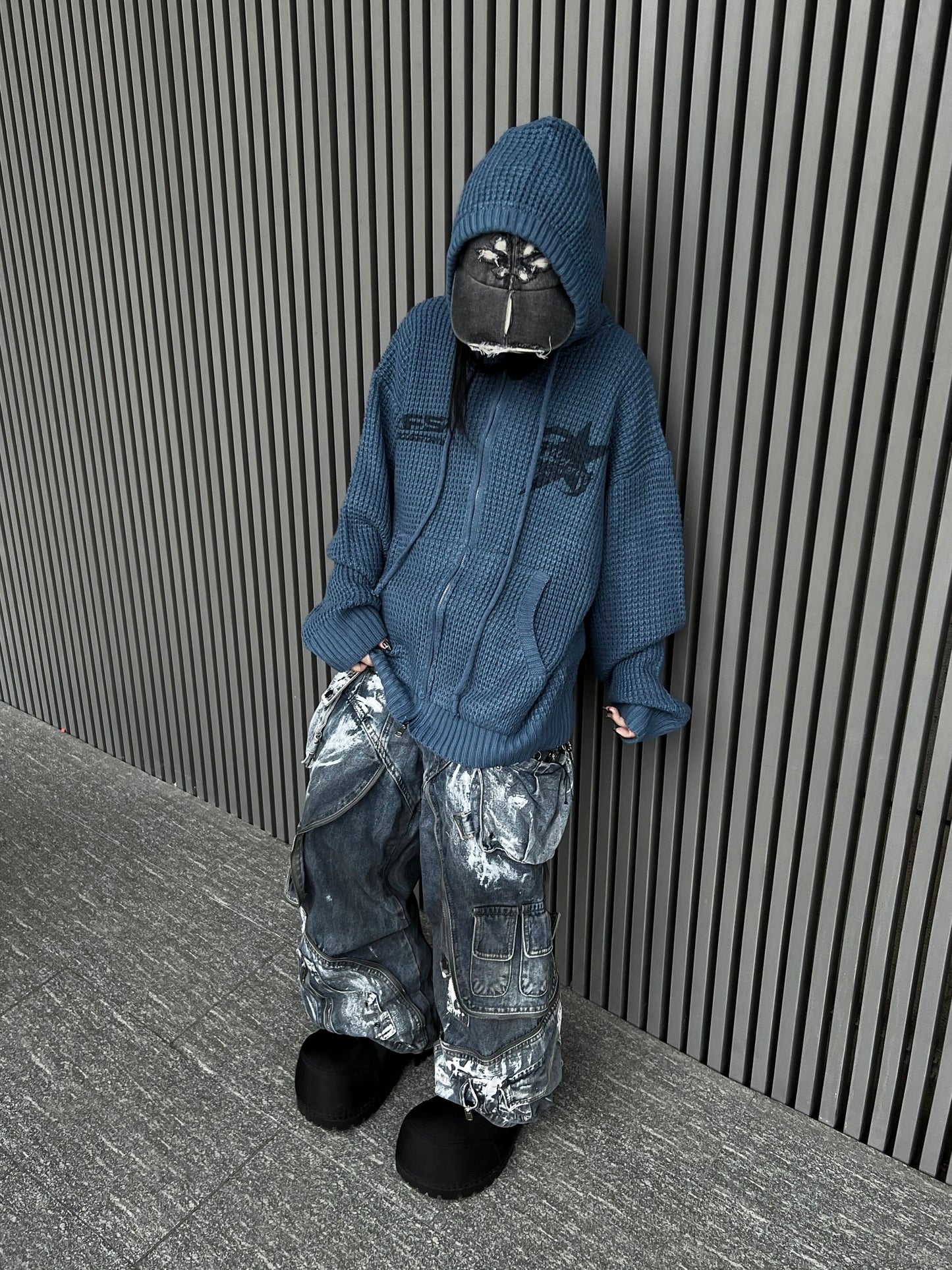 Waffle Knit Embroidery Oversize Zipper Hoodie WN24192