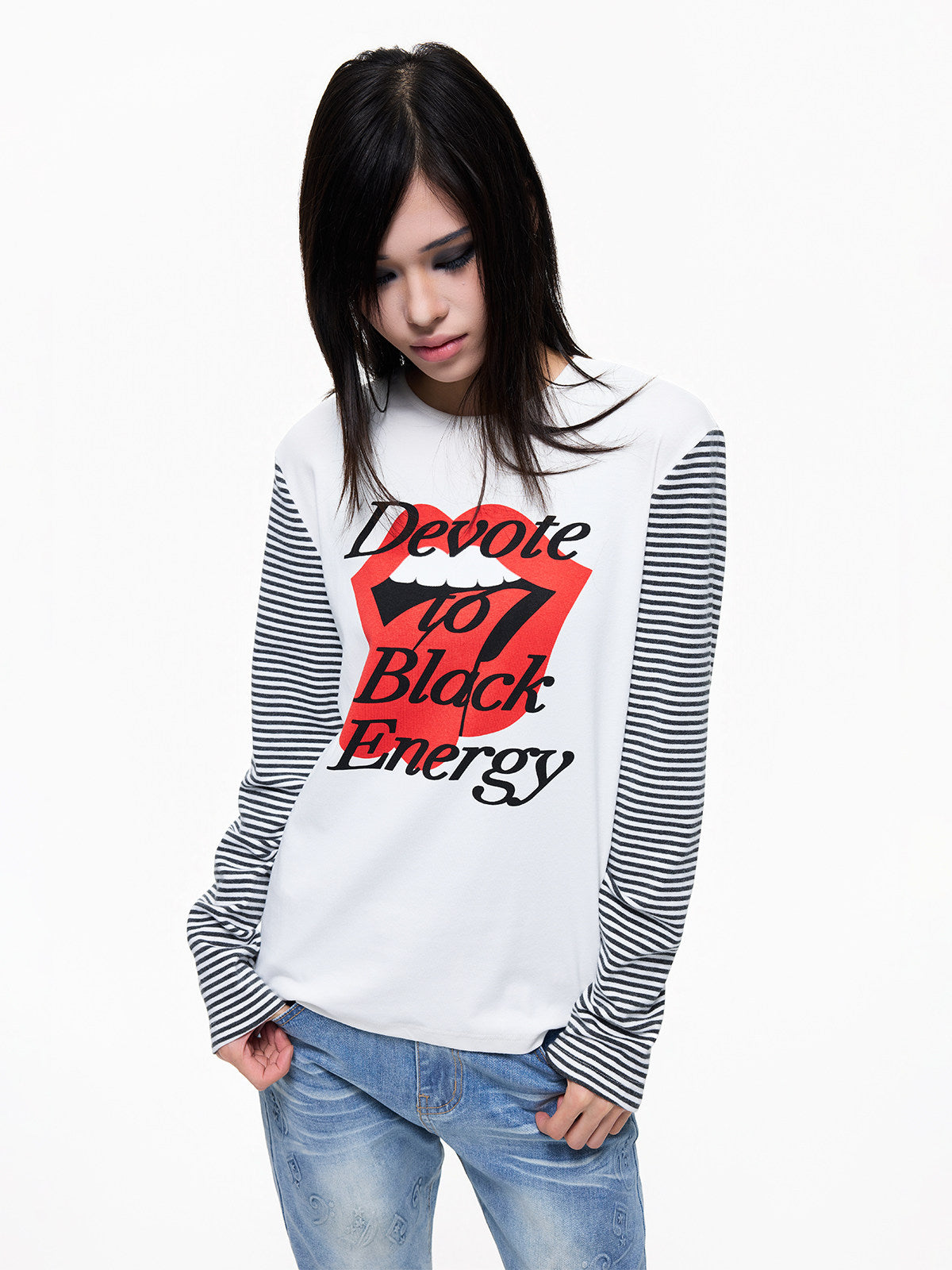 Stripe Panel Raglan Sleeve Print Long Sleeve T-Shirt WN27369