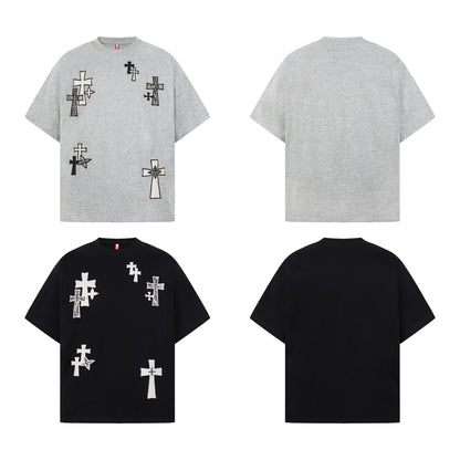 Cotton Cross Applique Embroidery Short Sleeve T-Shirt WN25577