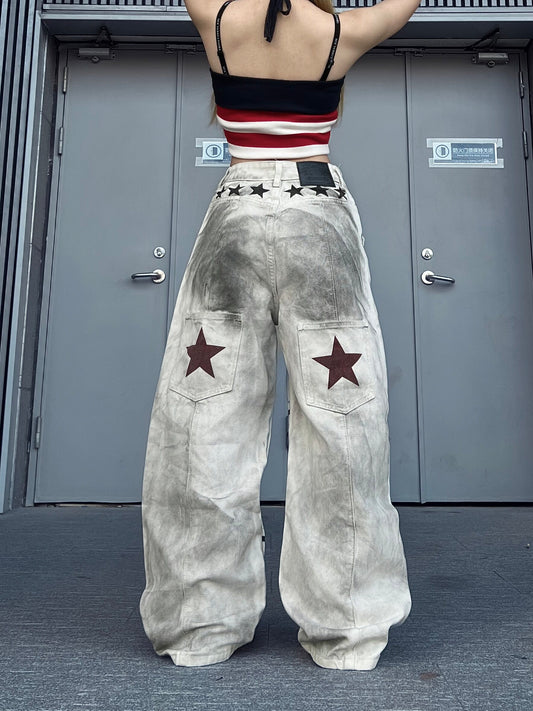 Washed Dirty Print Damage Wide Leg Denim Jeans WN24205