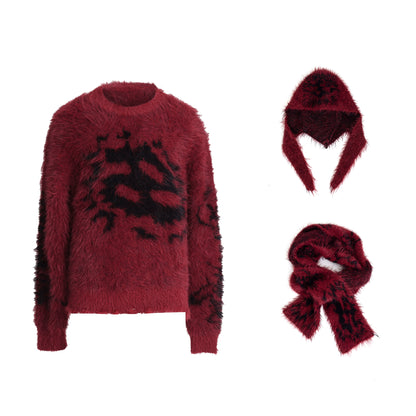 Oversize Shaggy Knit Sweater & Beanie & Scarf 3piece Set WN10562