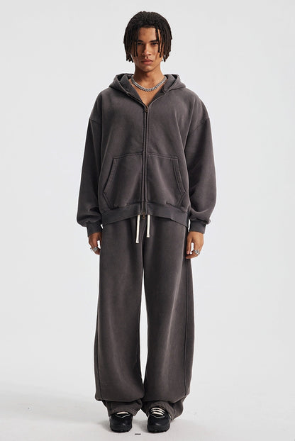 Fleece Lining Zip-Up Wax Dye Zipper Hoodie & Wide Leg Pants Sweatpants WN23112