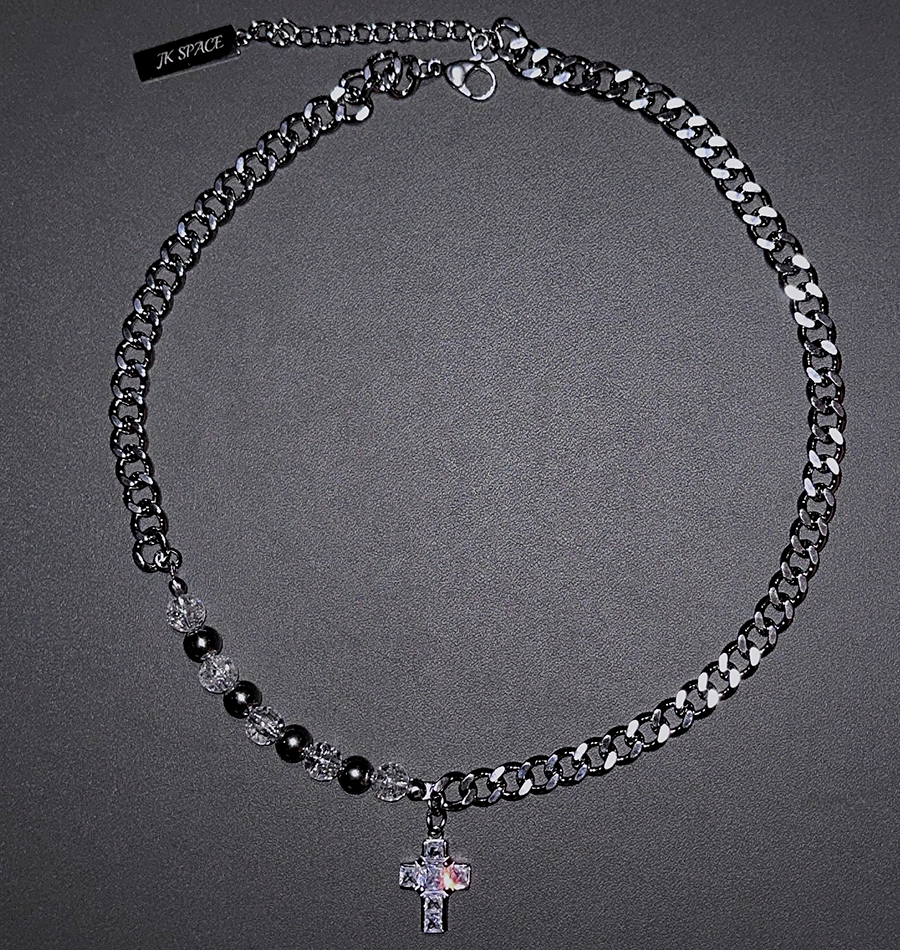 WN25227 JKSPACE original self-made steel ball pearl-inlaid brick cross-patch collarbone chain necklace ins, men's and women's couple pendants WN25227