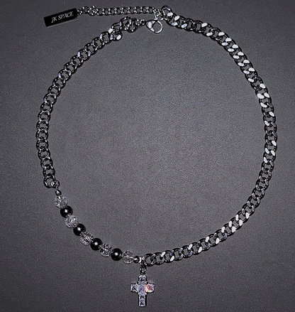 WN25227 JKSPACE original self-made steel ball pearl-inlaid brick cross-patch collarbone chain necklace ins, men's and women's couple pendants WN25227