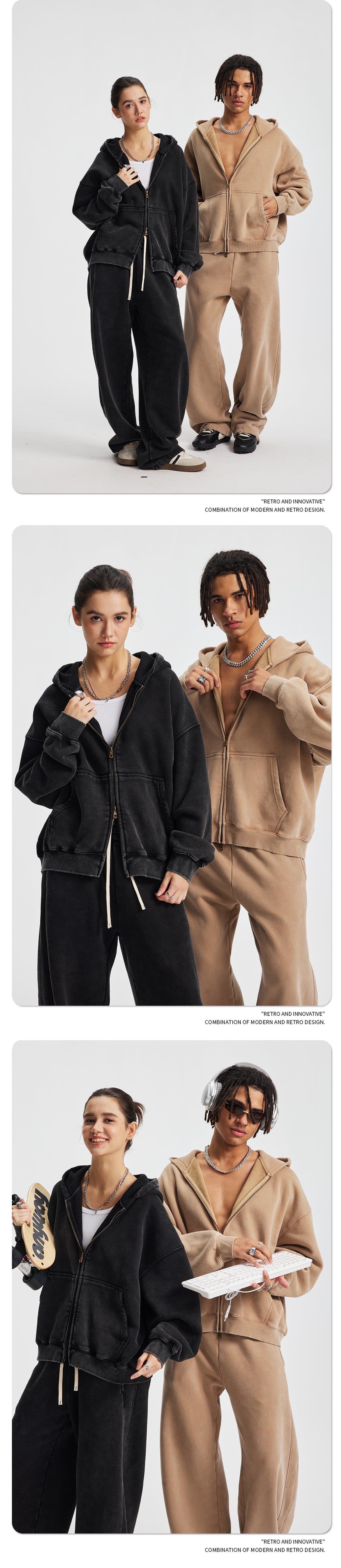 Fleece Lining Zip-Up Wax Dye Zipper Hoodie WN23111