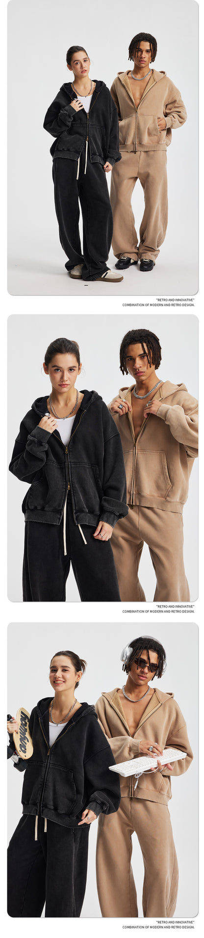 Fleece Lining Zip-Up Wax Dye Zipper Hoodie WN23111