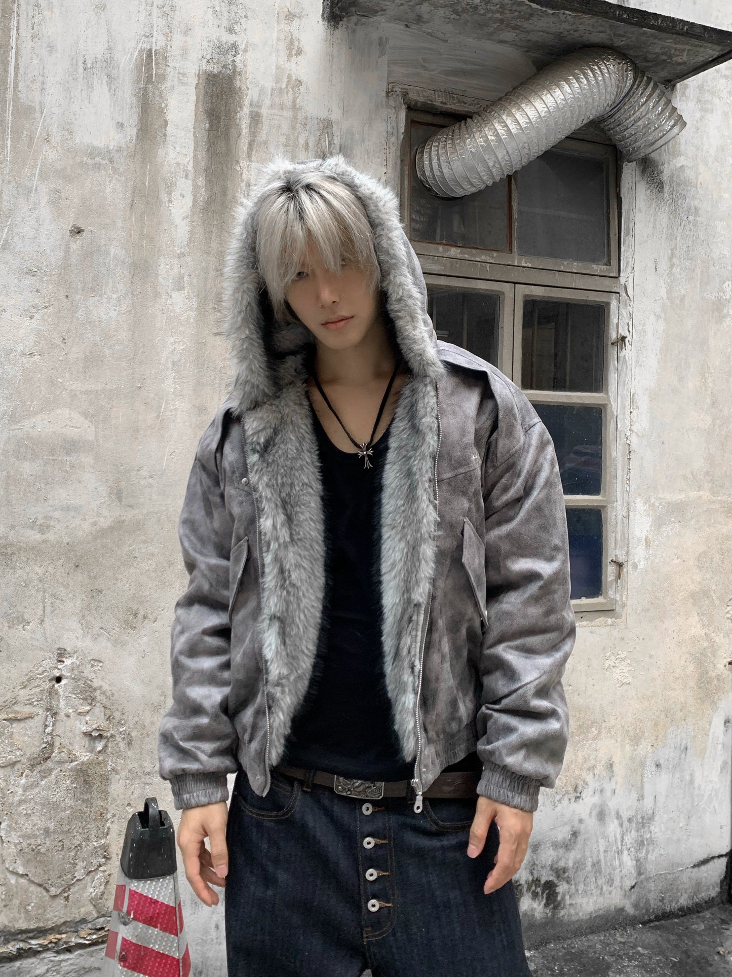 Washed Fake Fur-Collar Hooded Jacket WN22219