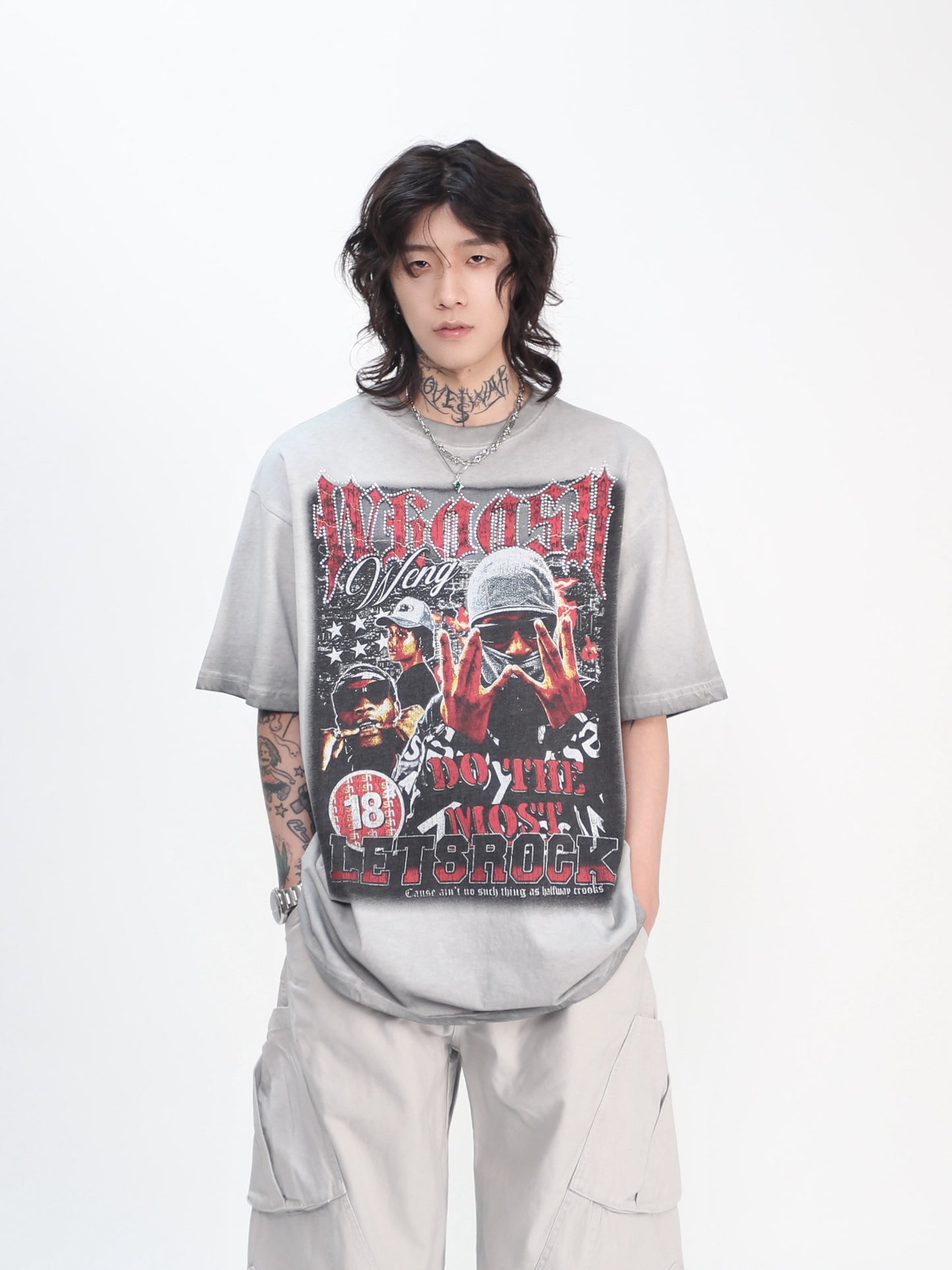 Rhinestone Print Washed Oversize Short Sleeve T-Shirt WN24417