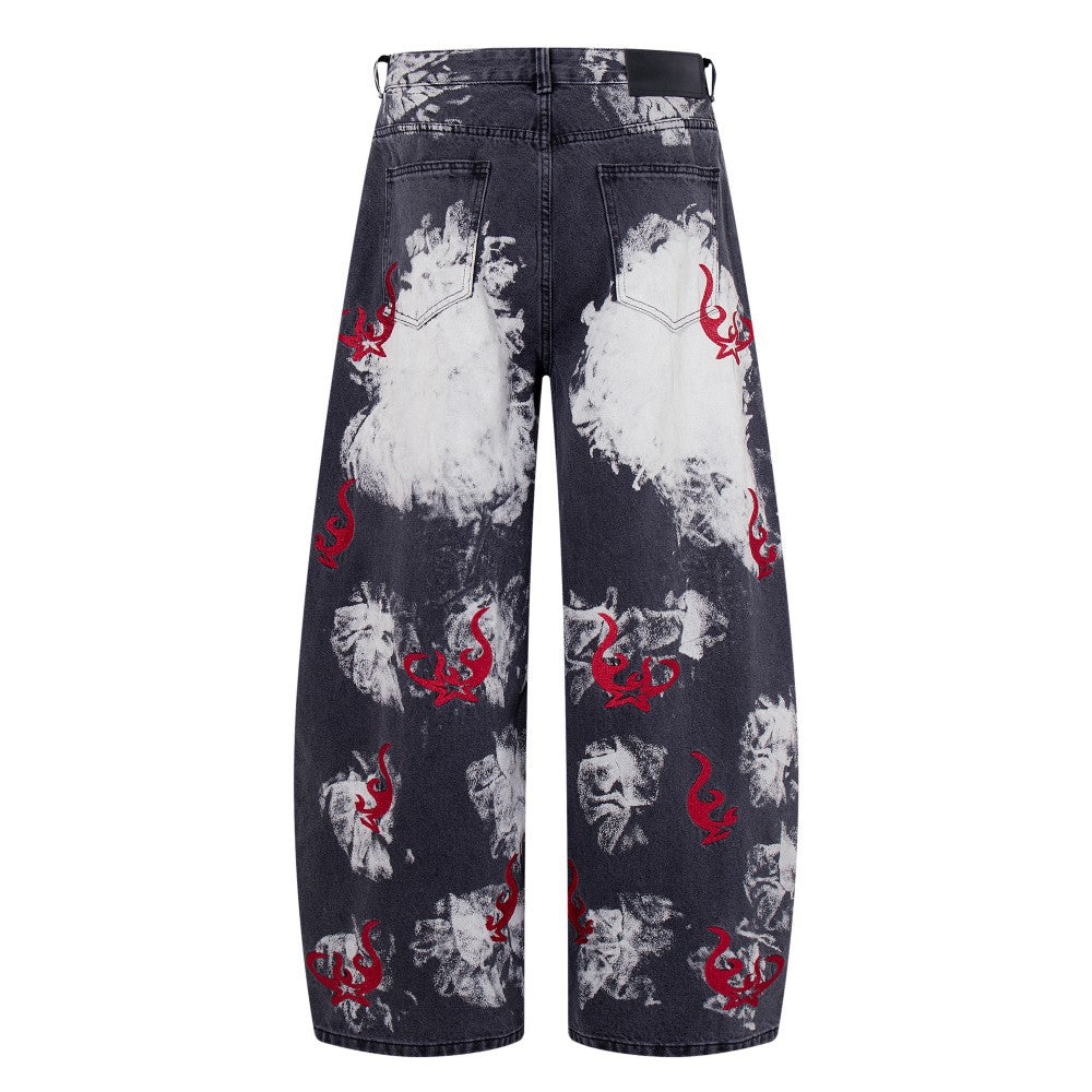 Washed Graphic Print Wide Leg Denim Jeans WN27794