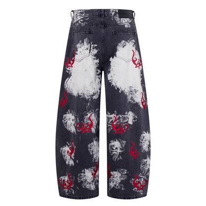 Washed Graphic Print Wide Leg Denim Jeans WN27794