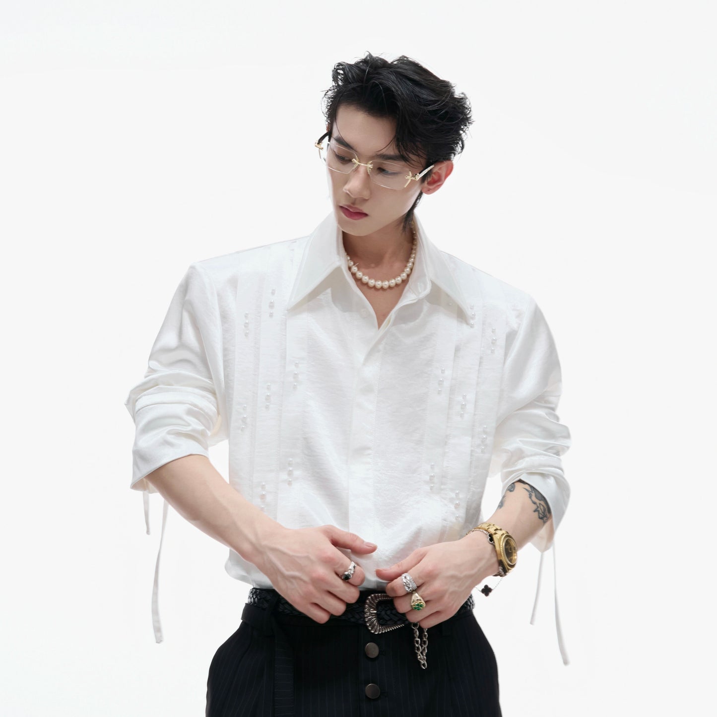 Pearl Beads Ribbon Pleats Long Sleeve Shirt WN21220