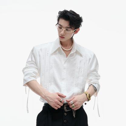 Pearl Beads Ribbon Pleats Long Sleeve Shirt WN21220
