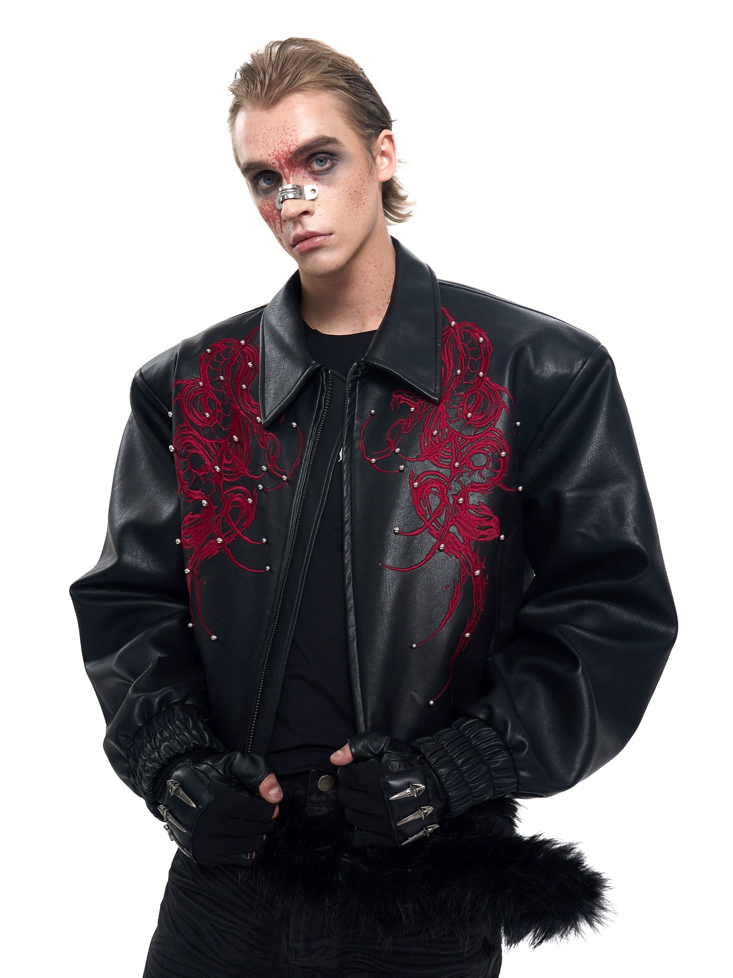 Thorn Embroidery Beaded Oversize PU Leather Jacket WN20385