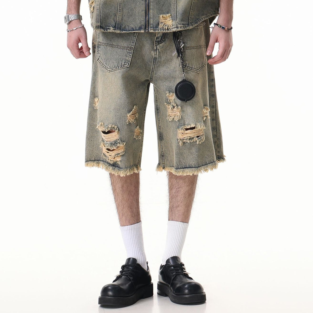 Washed Damage Wide Leg Denim Short Pants WN25596