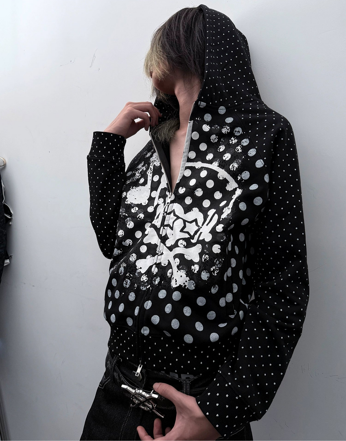 Polka Dot Headphone Skull Note Zipper Hoodie WN20917