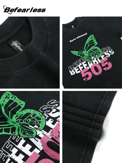 Washed Butterfly Graphic Letter Print Short Sleeve T-Shirt WN26273