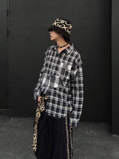 Patchwork Plaid Oversize Long Sleeve Shirt WN23026