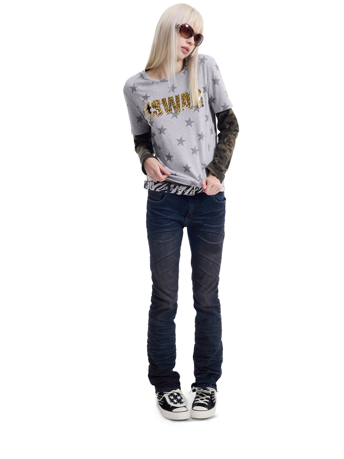 Fake Layered Camo Star Logo Print Long Sleeve T-Shirt WN27193